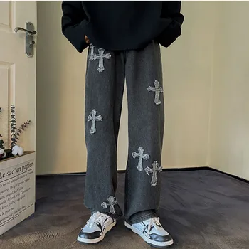 Джинсы в стиле хип-хоп с вышивкой крестом, Женские осенние брюки с прямыми штанинами в американском стиле, мужские и женские брюки Vibe с высокой талией
