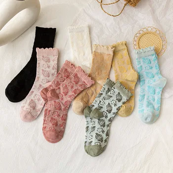 Летние хлопковые тонкие женские носки В Японском Стиле, Модные Женские носки для девочек, Эластичность лодыжек средней длины, Дышащие носки с цветами
