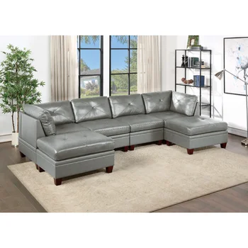 Секционный диван-кресло из натуральной кожи, Пуфики, 6 шт. комплект, серый диван с ворсом, мебель для гостиной, серая Натуральная кожа