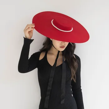 Бесплатная доставка, винтажный цилиндр с широкими полями, унисекс, жемчужно-черная, красная шляпа, однотонная шляпа, осень-зима, классическая элегантная панама