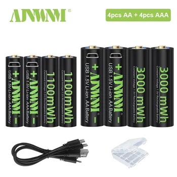 AJNWNM 1,5 В AA Литий-ионная Аккумуляторная Батарея 3000 МВтч 1,5 В Перезаряжаемая батарея AA 1100 МВтч AAA Батарея Для Микрофонных Игрушек