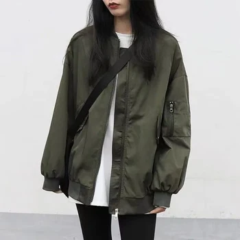 S-3XL, Повседневное пальто на молнии с длинным рукавом, Армейские зеленые куртки для женщин, Уличная одежда, бейсбольная базовая куртка, Одежда 2023, Осенняя мода