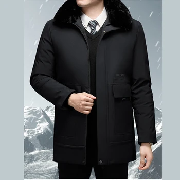 2023 Пальто, мужская хлопчатобумажная куртка, Зимняя одежда среднего и старческого возраста, Утолщенный и теплый шерстяной воротник, Комбинезон средней длины для мужчин