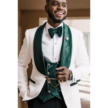 Мужской костюм, 2 предмета, белый тонкий цветочный узор, зеленый лацкан, деловой костюм для свадьбы, смокинг для банкета жениха, куртка, жилет с брюками
