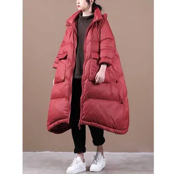 2021 новое женское повседневное пальто большого размера с большим подолом, однотонное пальто оверсайз, карман, воротник-стойка, куртка на утином пуху со съемной шляпой, пуховик