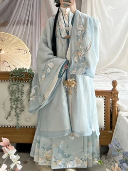 Элегантное Темпераментное Сказочное платье Ming System со стоячим воротником, Цельная юбка с лошадиным лицом, Вышитая тяжелой промышленностью Hanfu