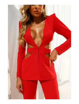 Новый зимний сексуальный красный костюм с глубоким V-образным вырезом, пальто и брюки, 2 предмета, Модный женский костюм для вечеринки в выходные дни, клубный костюм Vesitido