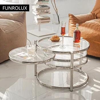 Журнальный столик из нержавеющей стали, Чайный столик для квартиры с подвижным вращающимся краем, столик из закаленного стекла