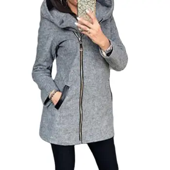 Зимние женские пальто, теплая куртка на молнии с длинным рукавом, Карман с капюшоном, Верхняя одежда, пальто