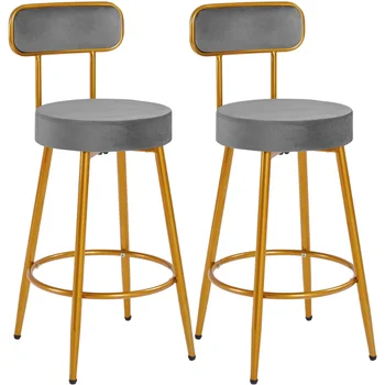 Современные бархатные барные стулья с низкой спинкой и золотистыми ножками темно-серого цвета