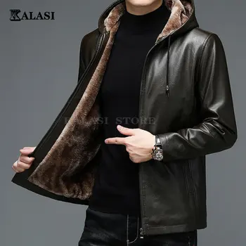Мужская мотоциклетная кожаная куртка с капюшоном/зимняя толстая флисовая теплая и ветрозащитная Повседневная мужская модная куртка из искусственной кожи
