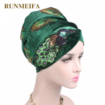 Новый дизайн, мусульманские тюбетейки и шапочки, бархатный шарф, кепка для дам, роскошный бренд, головной платок с вышивкой павлина, африканская шляпа-обертка