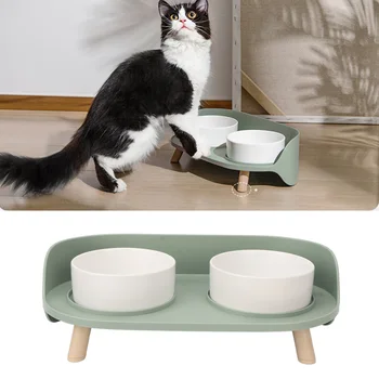 Керамическая миска для домашних животных С деревянной подставкой Без разлива Керамическая Двойная миска для домашних животных для собак, корма для кошек, поилки для кошек, Миска для домашних животных