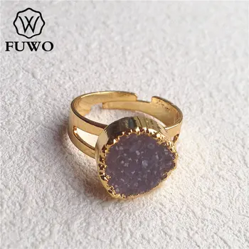 Кольца из натурального друзистого кварца FUWO Из золота 24 К С гальваническим покрытием Круглой формы, Кольца с Жеодой, Регулируемый размер Оптом RG006