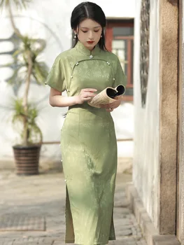 Летнее Зеленое Улучшенное Чонсам 2023, Свежее Жаккардовое Вечернее Платье в Китайском Стиле для Молодых Девушек, Фотография Qipao для Женской Вечеринки