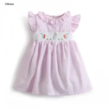 2023 Летнее Платье с вышивкой ручной работы для Маленьких Девочек, Детские Хлопчатобумажные платья с кроликом, Детская Розовая Верхняя Одежда с Запахом