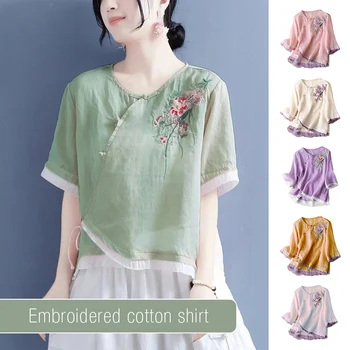 Женская китайская традиционная рубашка Hanfu, винтажные топы со шнуровкой и вышивкой, Литературная имитация хлопка и льна, блузка Hanfu