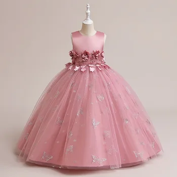 Платье с цветочным узором для девочек из кованой ткани, Длинное платье Принцессы с цветочным узором для девочек, детское выступление на фортепиано