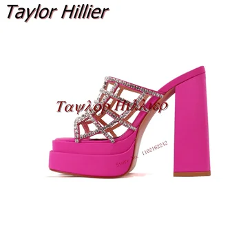 летняя универсальная розово-красная обувь на высоком каблуке с квадратным носком, украшенная стразами, На низком толстом каблуке, Удобная женская обувь, Пикантные тапочки высшего качества