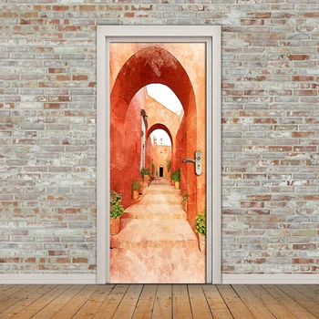 Красный коридор Арка 3D Дверные наклейки Фреска ПВХ Самоклеящийся Водонепроницаемый Скотч Современное украшение гостиной Спальни 3D обои