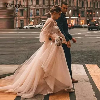 Свадебное платье Verngo цвета Шампанского С Длинными Пышными рукавами, Фатиновое платье Трапециевидной формы в винтажном стиле для Невесты, Свадебное платье в деревенском стиле 2021, Большие размеры