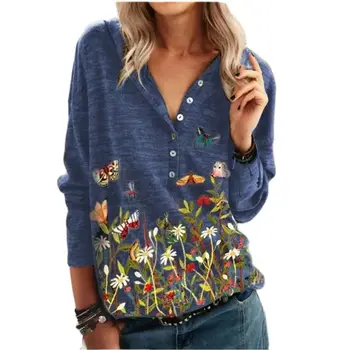 Женская футболка с цветочным принтом в виде бабочки, Весенне-осенние топы на пуговицах с длинным рукавом и V-образным вырезом, Винтажная рубашка, Свободный женский пуловер, уличная одежда