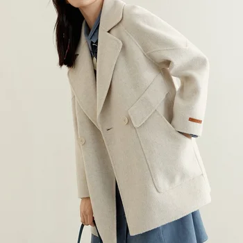 Прямая трансляция бежево-белого двустороннего кашемирового пальто Fuli для женщин, нового шерстяного пальто средней длины на осень и зиму 2023