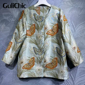 8,19 GuliChic, Высококачественный женский модный дизайн, великолепная куртка с длинными рукавами и принтом в виде бабочки, расшитая бисером, пальто