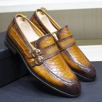 Лоферы с двойной пуговицей и тиснением в виде крокодиловой кожи; Роскошные мужские туфли для свадебной вечеринки в деловом стиле; Повседневная кожаная обувь; Размеры 39-46