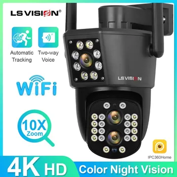 Беспроводная наружная камера LS VISION с разрешением 4K 8MP, водонепроницаемые камеры безопасности Двойной экран, 3 объектива, PTZ, 10-кратный зум и автоматическое отслеживание 