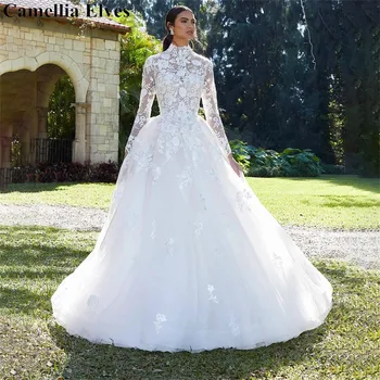 Элегантные свадебные платья с длинными рукавами Трапециевидной формы Для женщин, кружевные аппликации, платье невесты, свадебные платья на пуговицах сзади, Vestidos De Novia