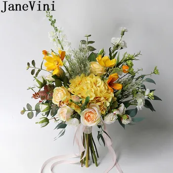 JaneVini Желтые Шелковые свадебные цветы, Букеты для Новобрачных, Искусственная роза на улице, подставка для рук Невесты, аксессуары с зелеными Листьями