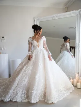 Роскошные Свадебные платья С кружевной аппликацией, Свадебные Платья с 3D Цветами, Вышитые бисером, Свадебные Платья с Длинным рукавом Vestidos De Novia 2023