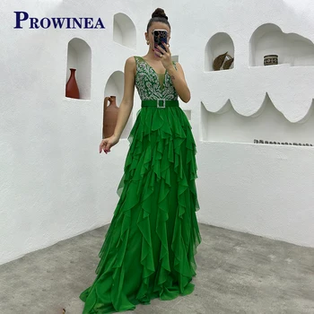 Prowinea/ очаровательные вечерние платья трапециевидной формы с рюшами, с V-образным вырезом, стразы, шифон, без рукавов, со шлейфом, прямая доставка