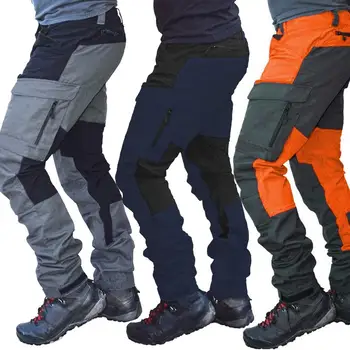 Мужские брюки прямого покроя мотоцикл случайные высокой талии цвет блока мульти карманы повседневная полная длина брюки для
