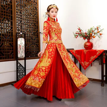 Роскошное древнее Королевское Красное китайское свадебное платье С традиционной вышивкой Невесты, Ципао с Восточным Драконом и Фениксом