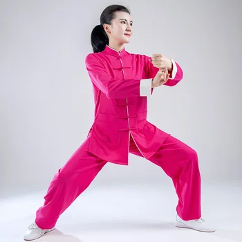 Высококачественная форма Тайцзи, одежда для кунг-фу, Мужская одежда для занятий боевыми искусствами, Женская одежда для занятий Ву-Шу, Удобная ткань розового цвета