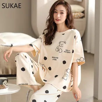 Комплекты пижам SUKAE Kawaii для женщин, летние трикотажные хлопчатобумажные пижамы хорошего качества для девочек, женская одежда с короткими рукавами, ночное белье