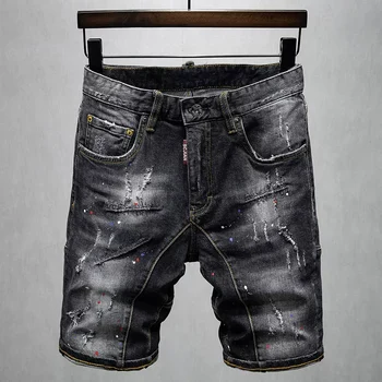 Летние Модные Мужские джинсы в стиле Ретро, черные, Серые, Эластичные, сращенные, Рваные, Короткие Джинсы, Окрашенные Дизайнерские Джинсовые шорты в стиле хип-хоп, Мужские