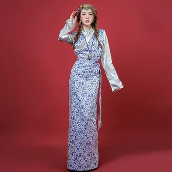 Тибетское платье для женщин в китайском этническом стиле, сине-белый цветочный дизайн, Женский халат, Восточная одежда, Тибетская одежда